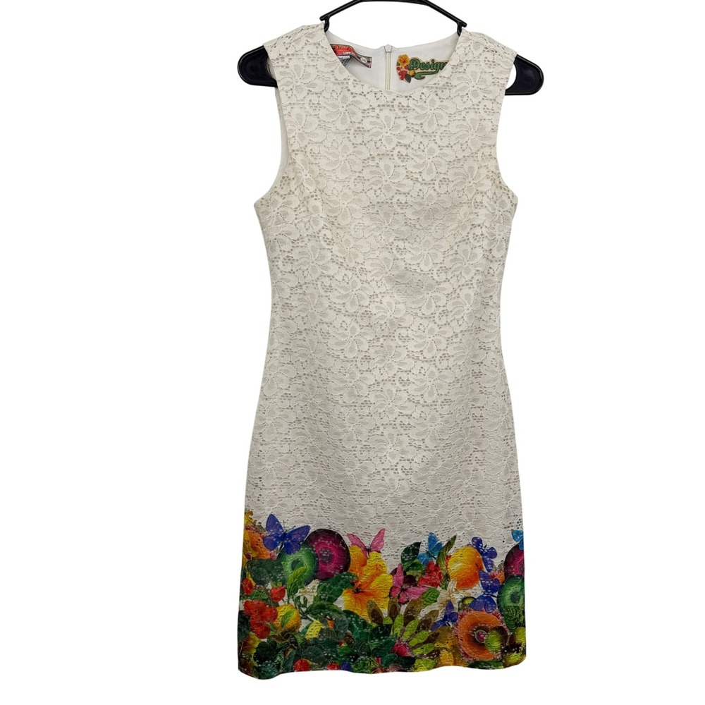 Desigual Dress Womens 38 Cream Floral Butterfly Border Lace Sleeveless Mini